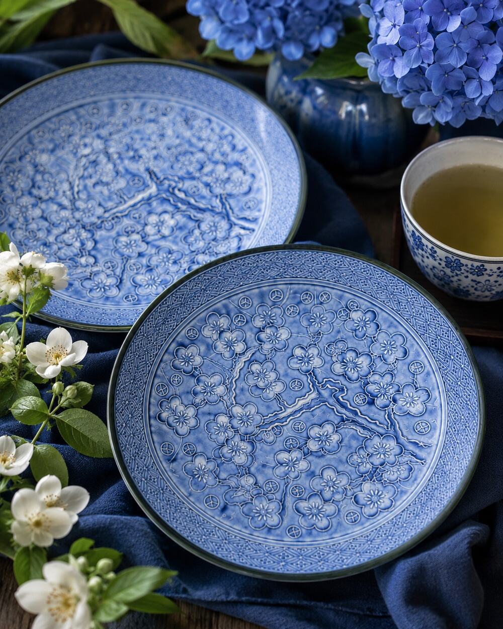 Pair of Vintage Kutani Blue Cherry Blossom Porcelain Salad Plates 7.5 Inch